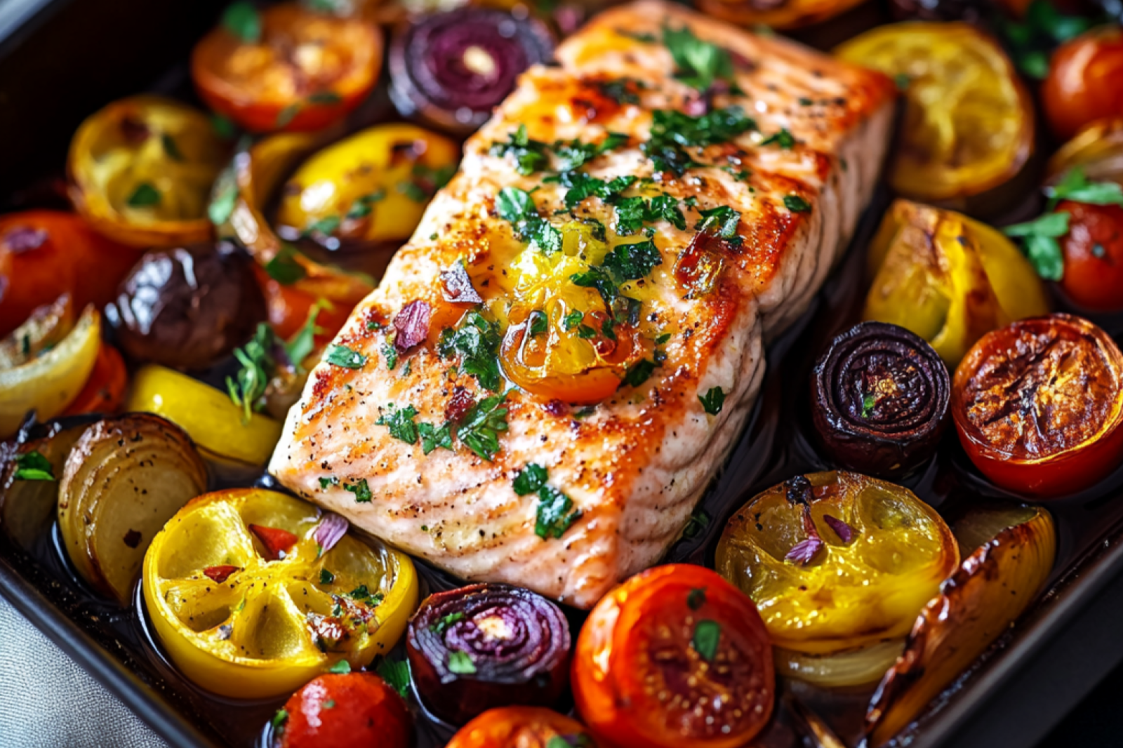 One-Pan Roasted Salmon with Mediterranean Vegetables