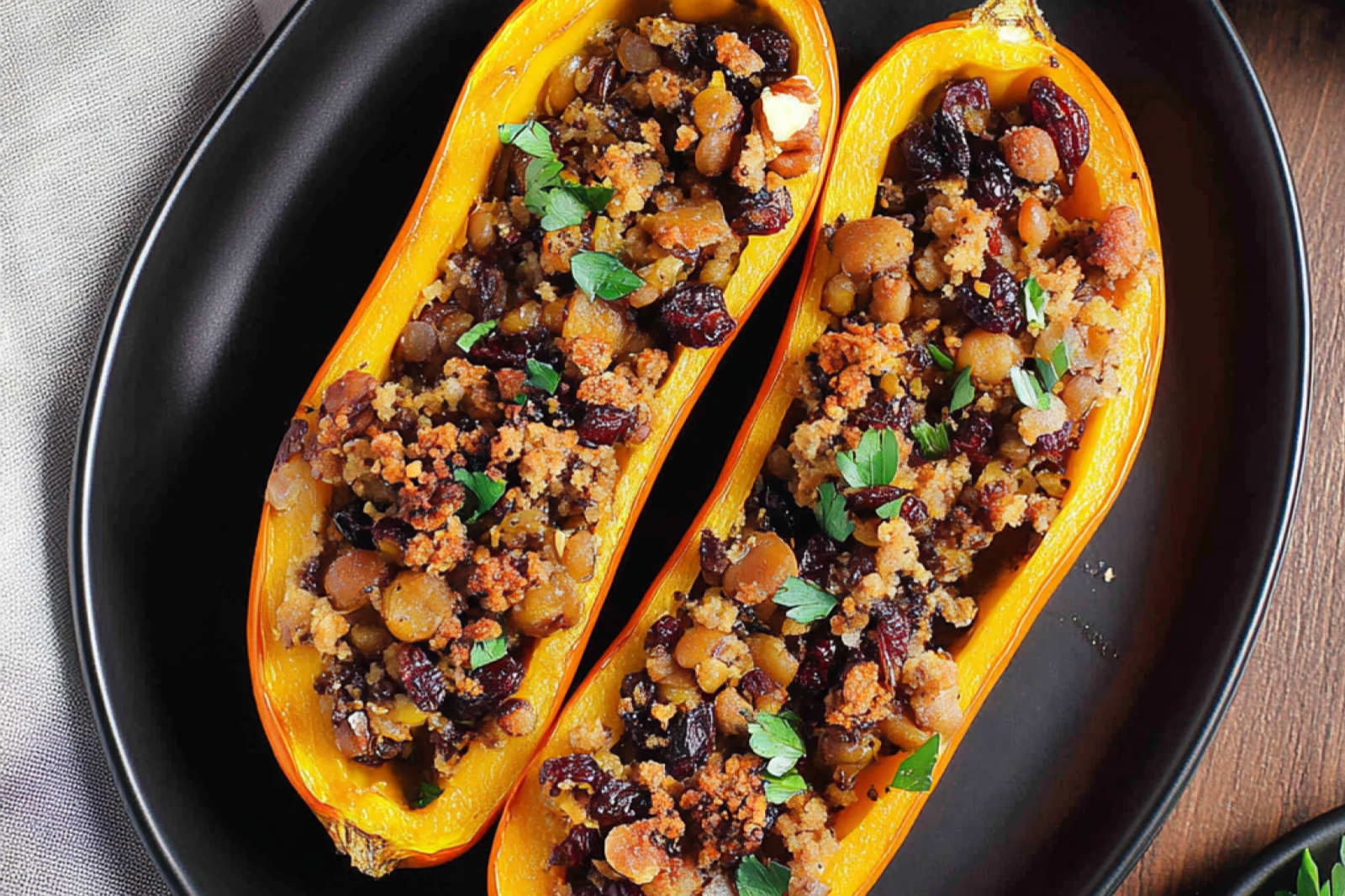 Lentil Stuffed Delicata Squash with Cranberries and Pecans