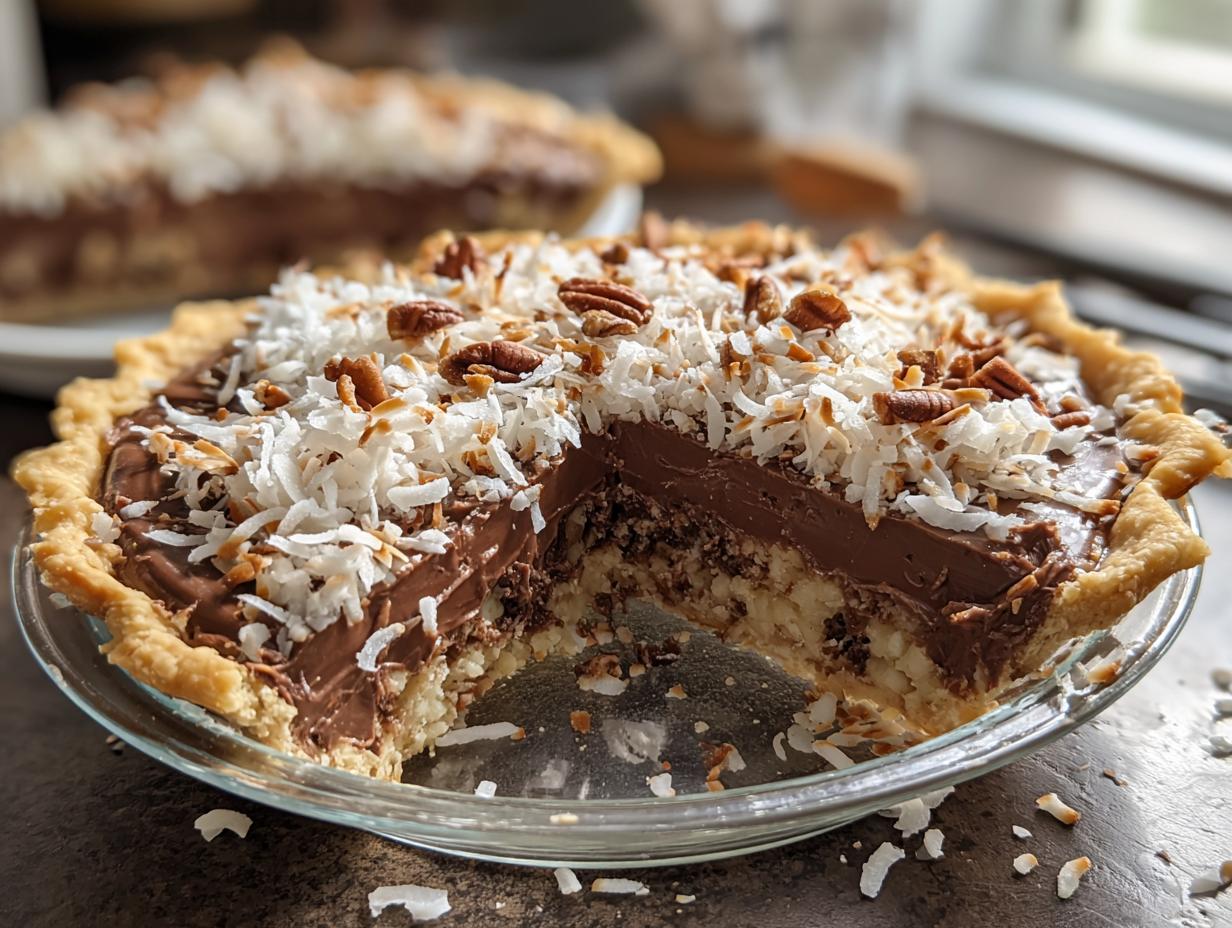 Bake German Chocolate Pie: 1 Irresistible Recipe 6 Bake German Chocolate Pie: 1 Irresistible Recipe - Coconut and pecan topping being spread over the chocolate filling
