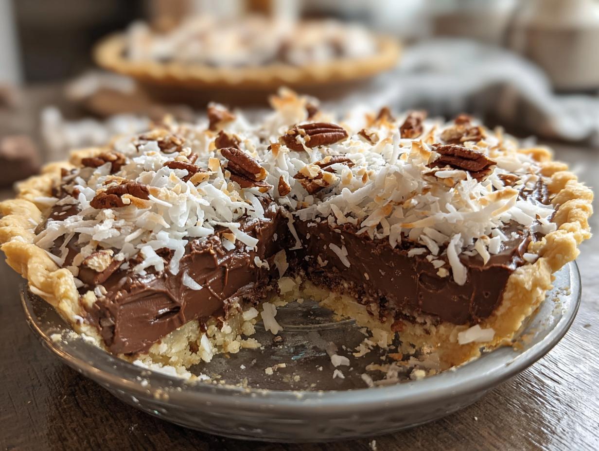 Bake German Chocolate Pie: 1 Irresistible Recipe 7 Bake German Chocolate Pie: 1 Irresistible Recipe - Close-up of the finished pie showing the layers of chocolate and coconut-pecan topping
