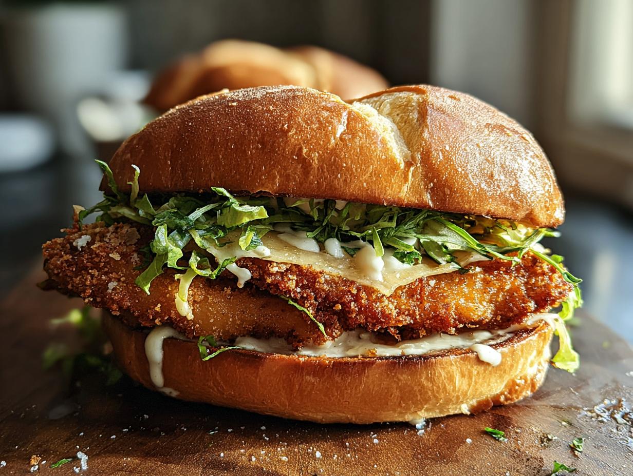 Crispy Chicken Caesar Sandwich: 2 Amazing Twists 5 Assembling a Crispy Chicken Caesar Sandwich with lettuce and cheese