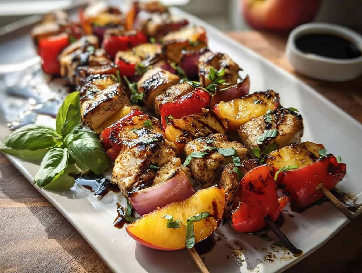 Balsamic Peach Chicken Kabobs: 1 Delicious Grilling Joy 4 Balsamic Peach Chicken Kabobs - close-up of skewers on grill