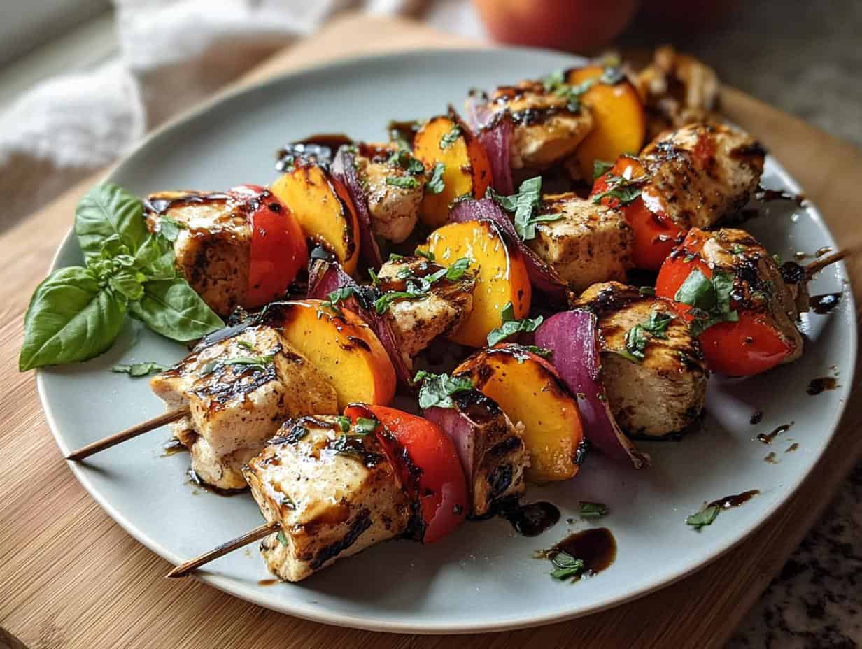 Balsamic Peach Chicken Kabobs: 1 Delicious Grilling Joy 5 Balsamic Peach Chicken Kabobs - assembled skewers ready for grilling