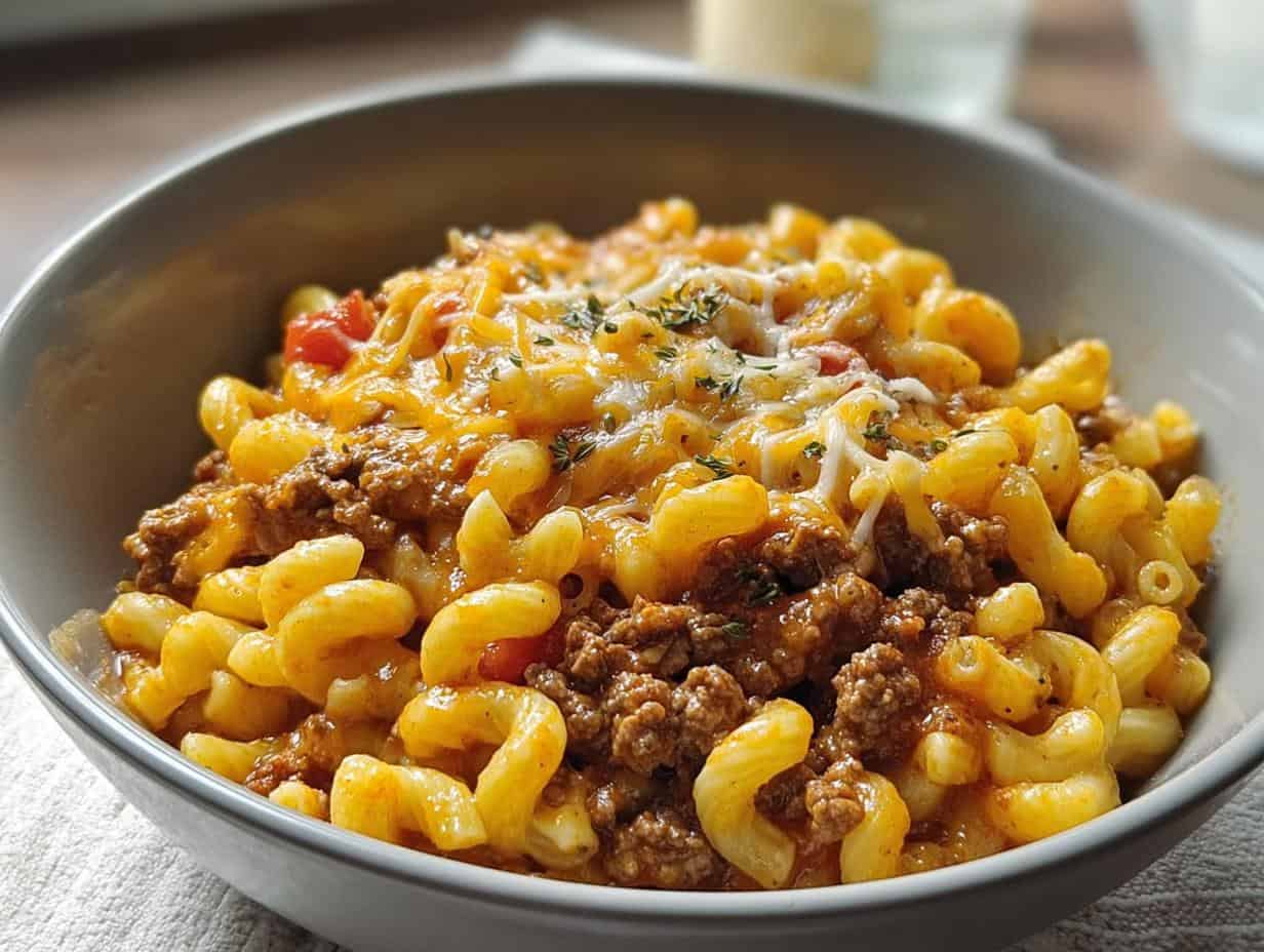 Cheeseburger Macaroni One Pot: 1 Amazing Meal 4 Cheeseburger Macaroni One Pot - close-up of the cheesy pasta