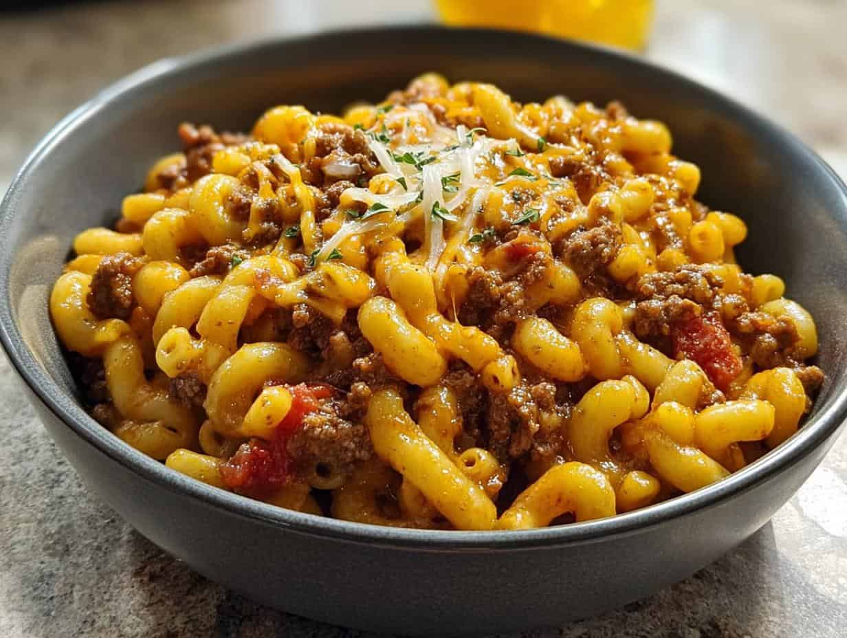 Cheeseburger Macaroni One Pot: 1 Amazing Meal 5 Cheeseburger Macaroni One Pot - serving suggestion with toppings