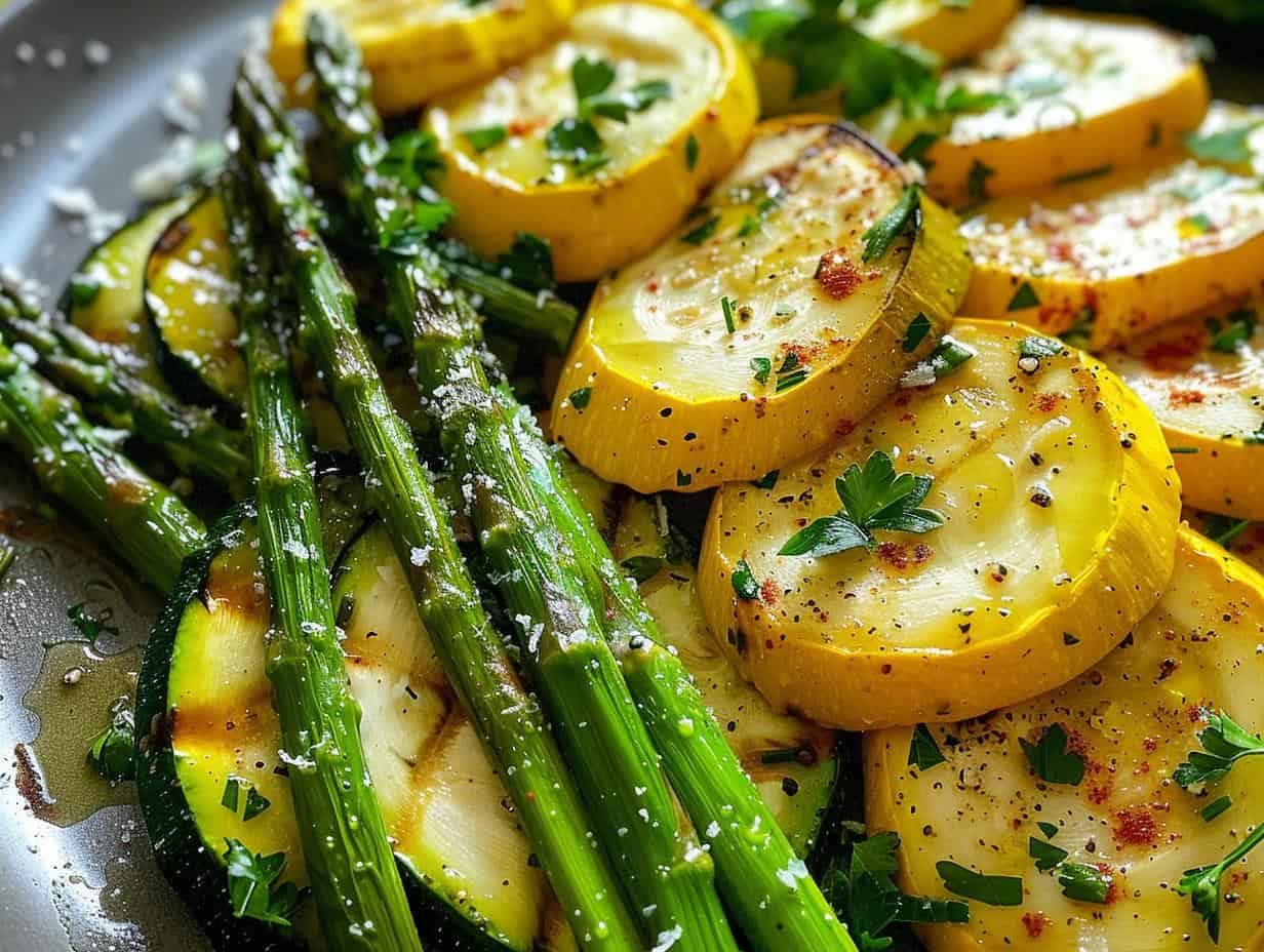 Flavorful Asparagus Zucchini Squash: Roast in 15 minutes 5 Flavorful Asparagus Zucchini Squash: Roast in 15 minutes - close up of roasted vegetables with garlic and herbs