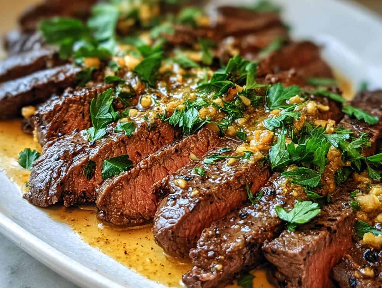 Garlic Butter Brazilian Steak: 15 Min Flavor Bomb 5 Garlic Butter Brazilian Steak - close-up of sliced steak with parsley garnish