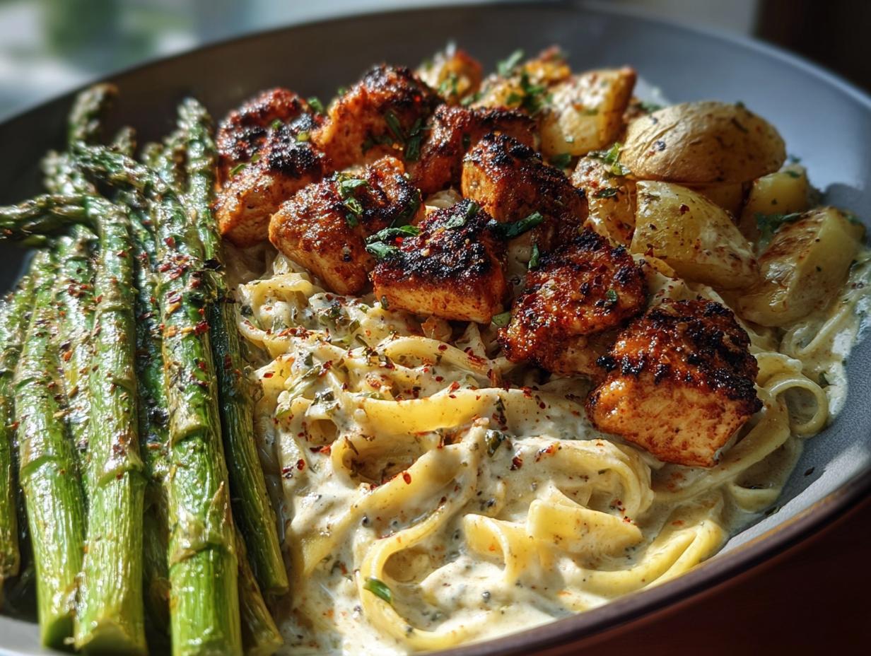 Greek Chili Chicken Alfredo: 1 Flavorful Twist 4 Greek Chili Chicken Alfredo with roasted potatoes and asparagus