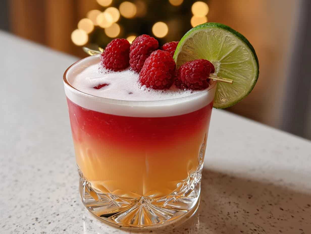 Raspberry Passionfruit Tequila Sour: 1 Delicious Sip 5 Close-up of a Raspberry Passionfruit Tequila Sour with garnish