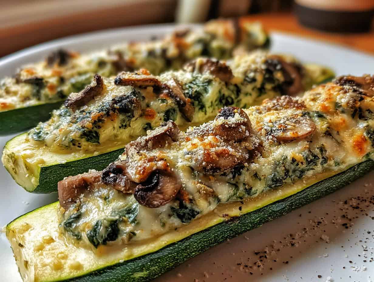 Spinach Mushroom Ricotta Stuffed: 4 Delicious Ideas 4 Spinach Mushroom Ricotta Stuffed Zucchini Boats - close up of filling