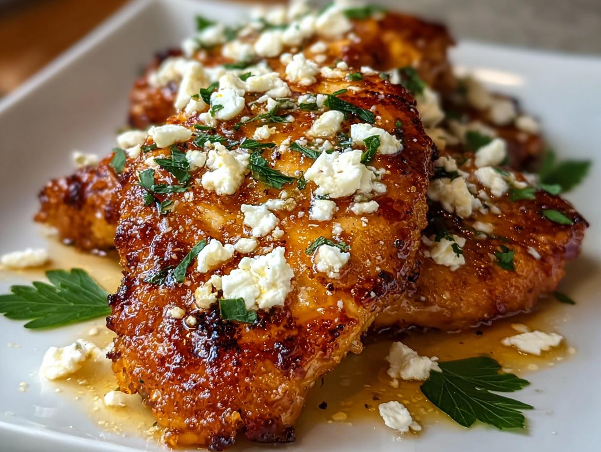 Crispy Hot Honey Feta: 1 Amazing Recipe 5 Close-up of Crispy Hot Honey Feta Chicken with melted feta and honey glaze