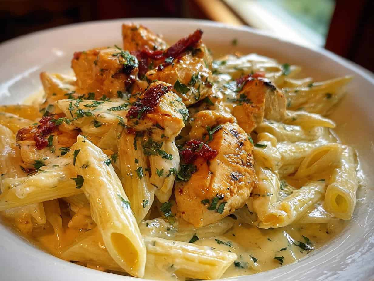 Amazing 1-Hour Garlic Butter Chicken Penne 5 Amazing 1-Hour Garlic Butter Chicken Penne - Garlic Butter Chicken Penne - serving suggestion with garnish