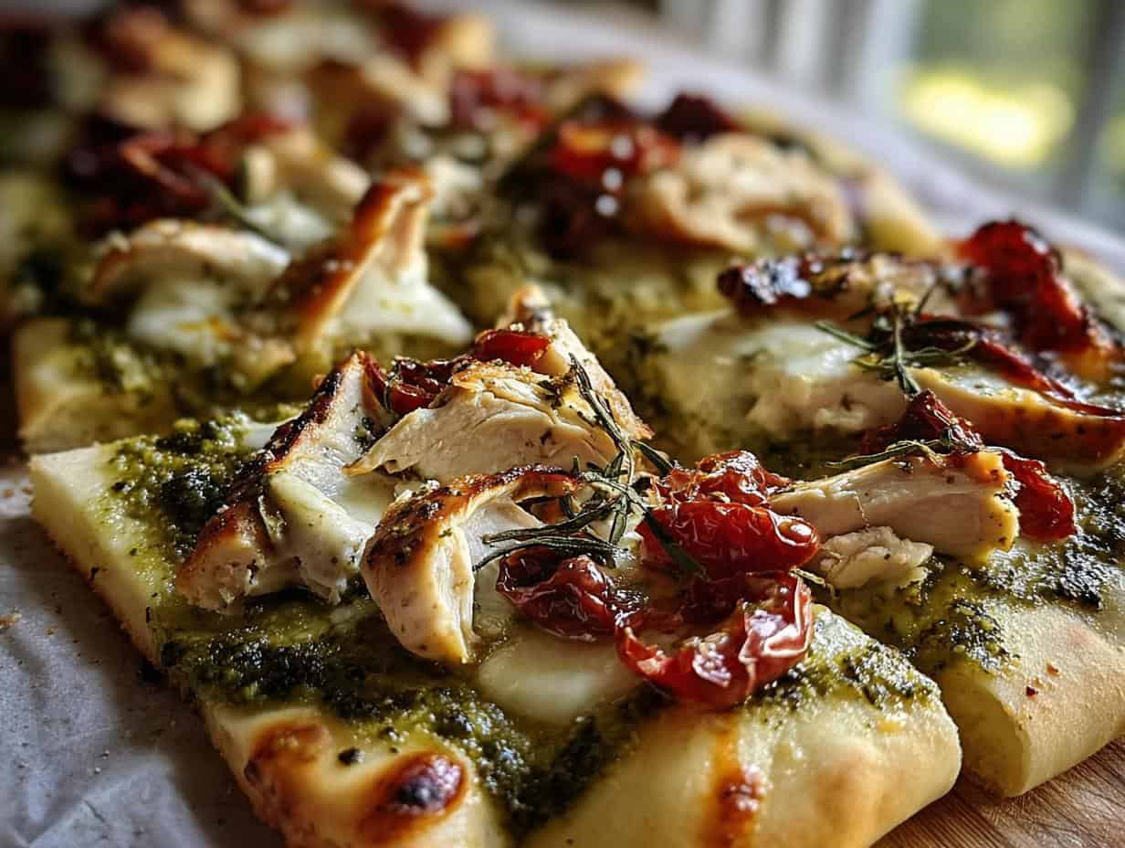 Amazing Pesto Chicken Flatbread: 1 Awesome Meal - Pesto Chicken Flatbread - additional detail