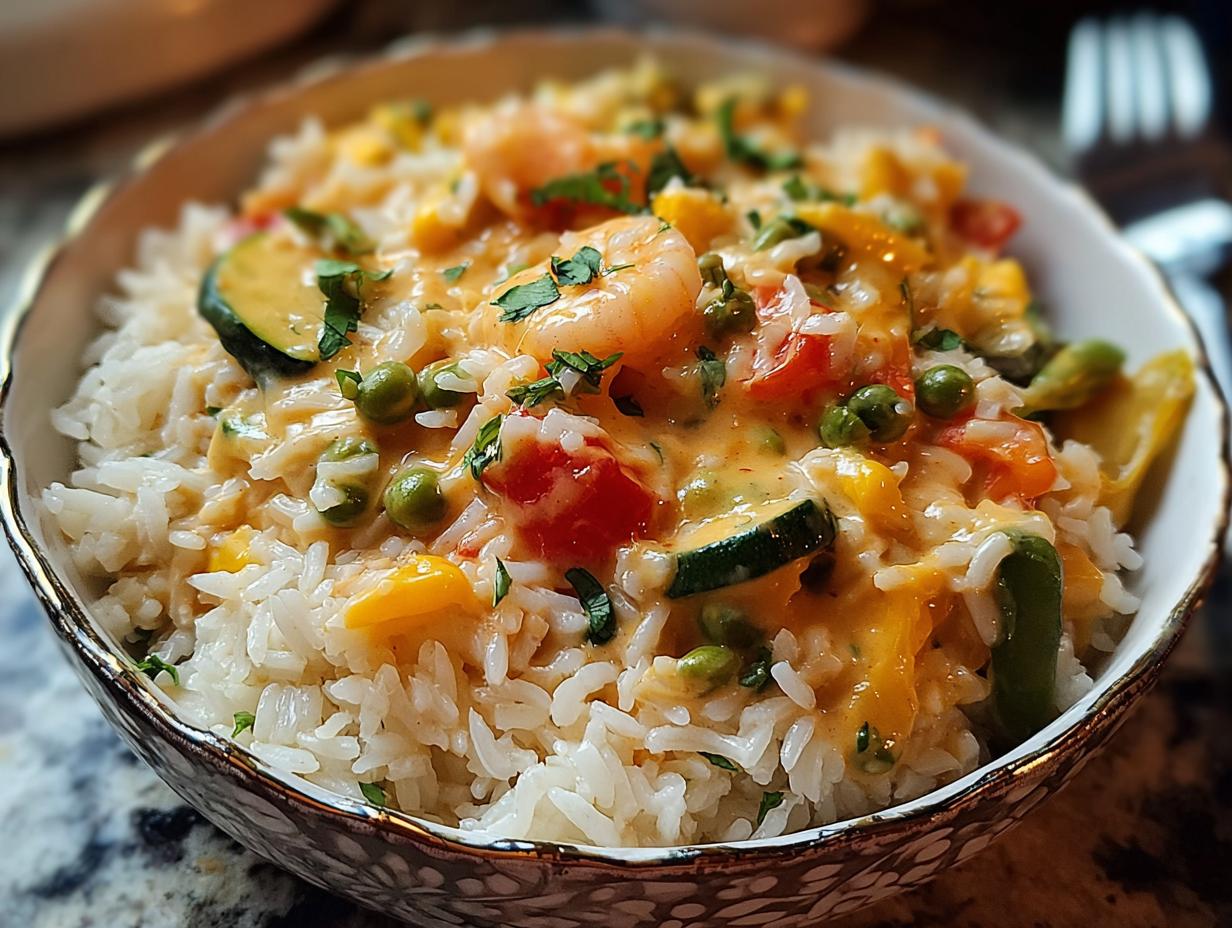 Rice Veggies Cream Cheese: Sautéed vegetables in a skillet