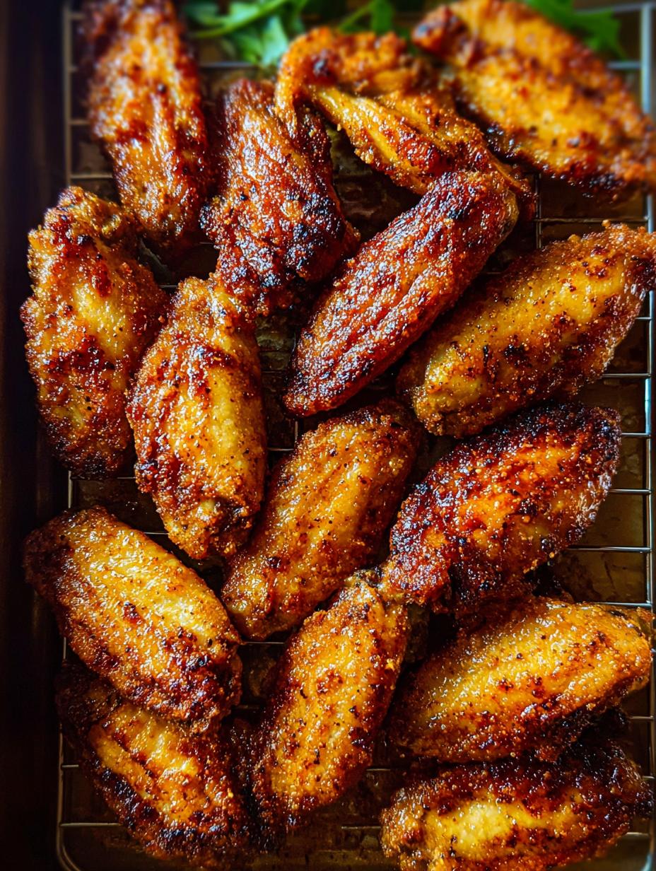 A close-up of perfectly seasoned and crispy baked chicken wings, glistening with a light sauce, served on a platter with fresh herbs.
