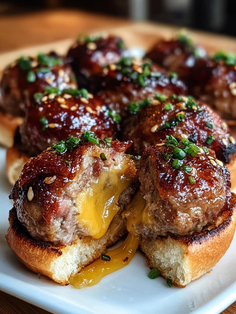 Beef Bacon Cheeseburger Meatball: 1 Divine Bite 4 Delicious Beef Bacon Cheeseburger Meatballs served on a platter, garnished with sesame seeds and chives, ready to eat