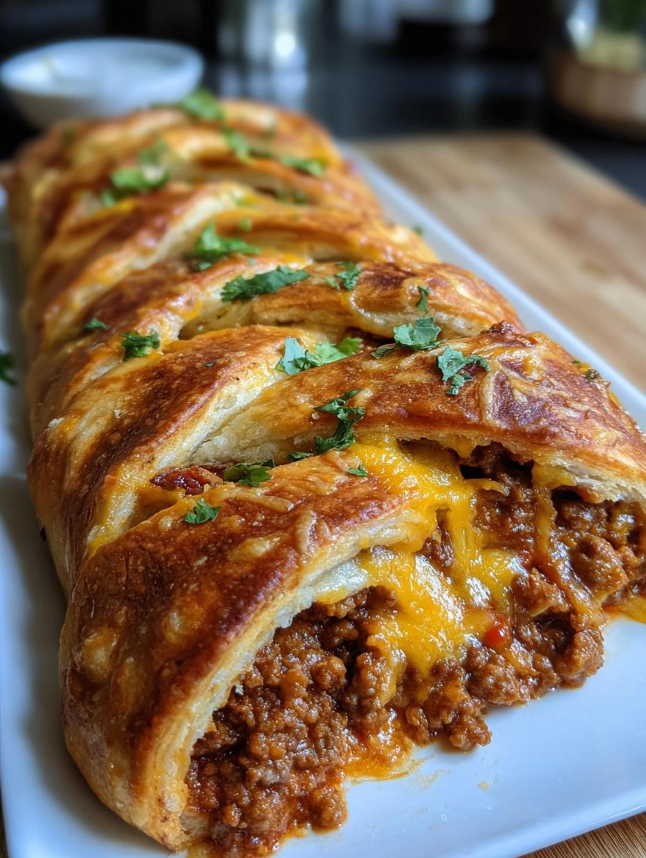 Delicious Cheesy Taco Braid Beef, golden brown and ready to serve, a perfect family dinner