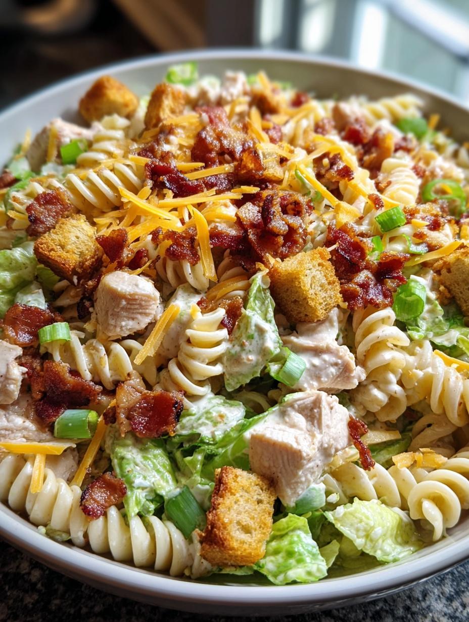 Chicken Bacon Ranch Pasta: 600 Calories, Delicious Joy 5 Close-up of creamy Chicken Bacon Ranch Pasta with crispy bacon bits and fresh green onions, showcasing its rich texture.