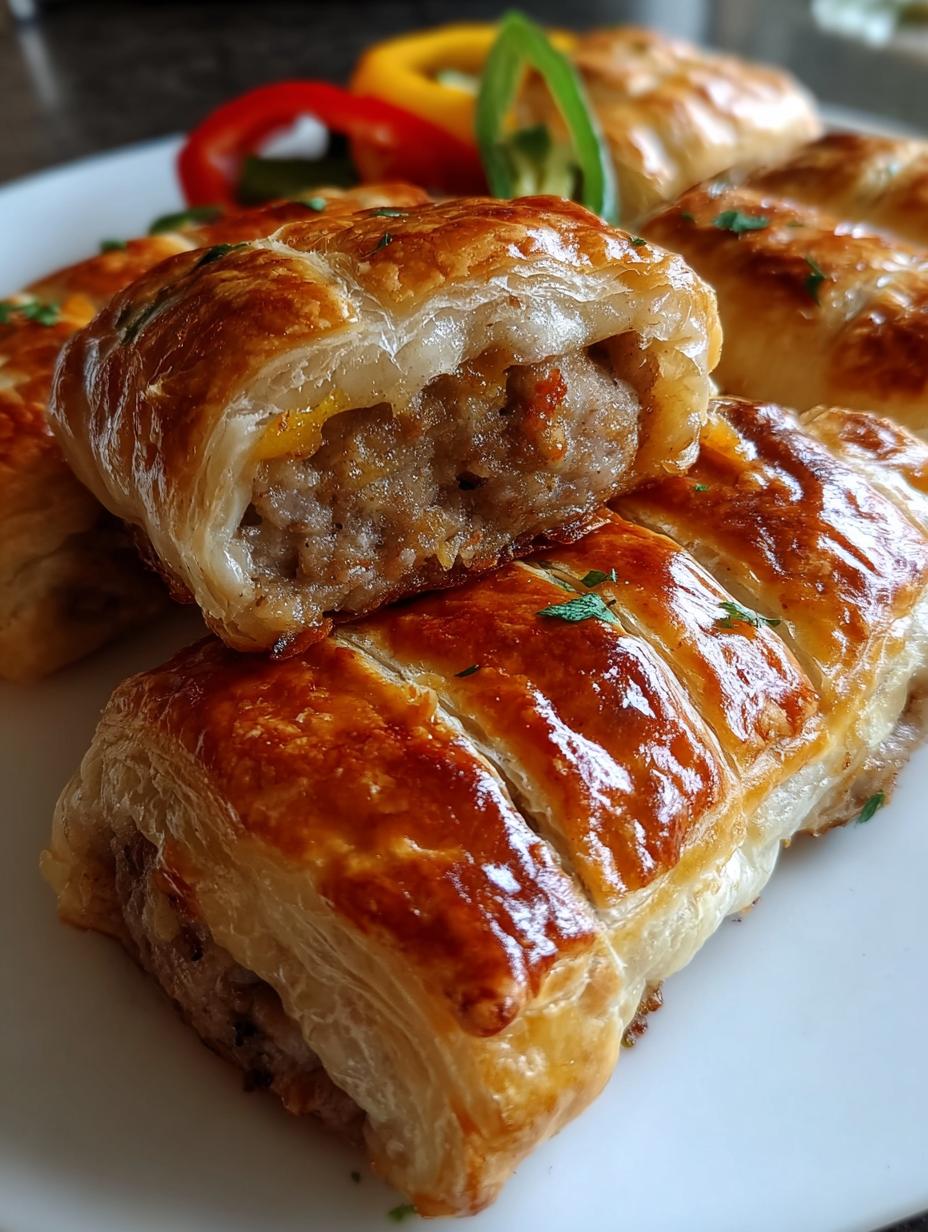 Delicious golden-brown Christmas Sausage Rolls Holiday, fresh from the oven, arranged on a festive platter with rosemary garnish, ready to be served as an amazing festive bite.