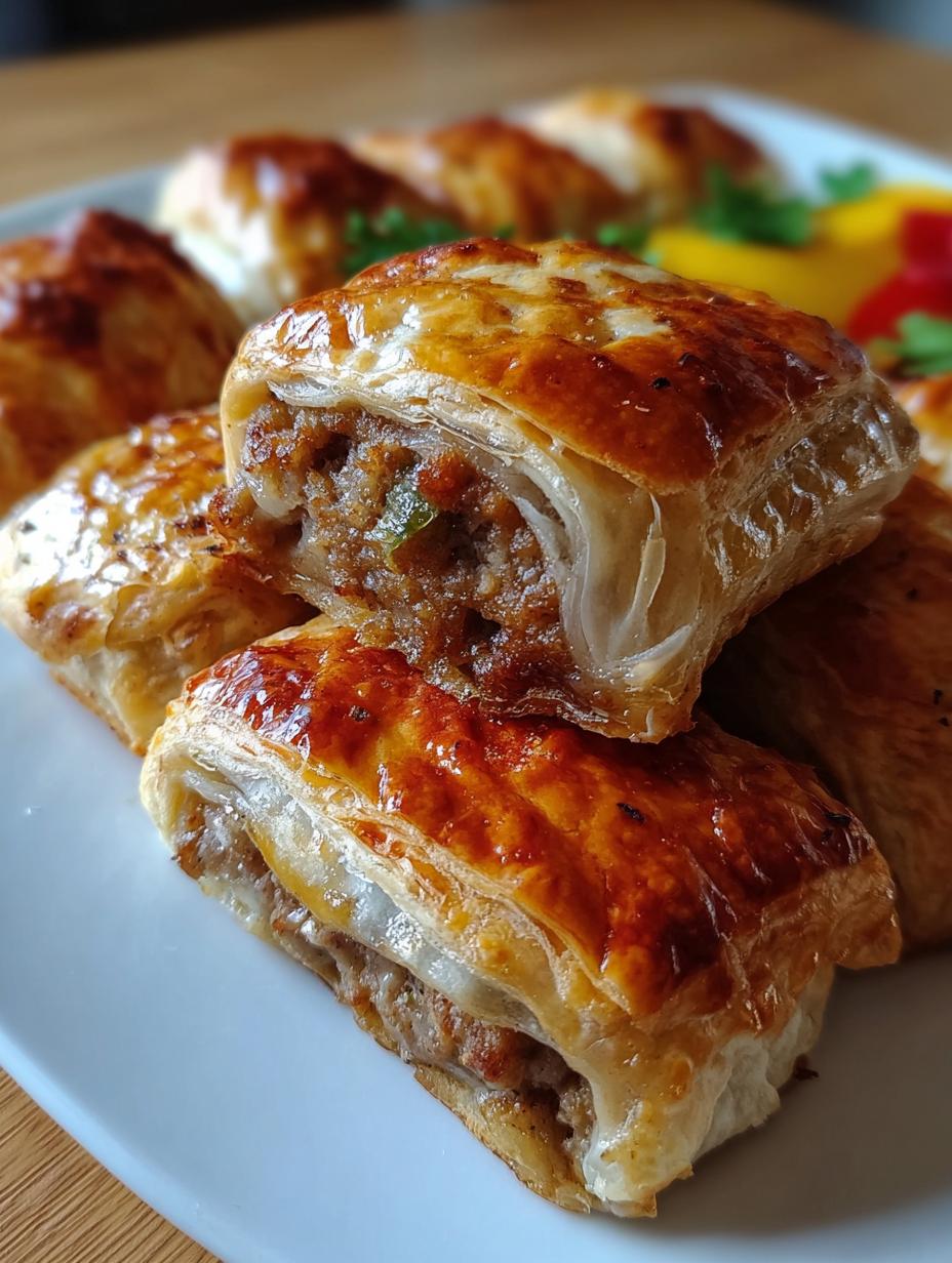 Close-up of a perfectly baked Christmas Sausage Roll Holiday, showing the flaky golden pastry and savory sausage filling, garnished with fresh herbs.