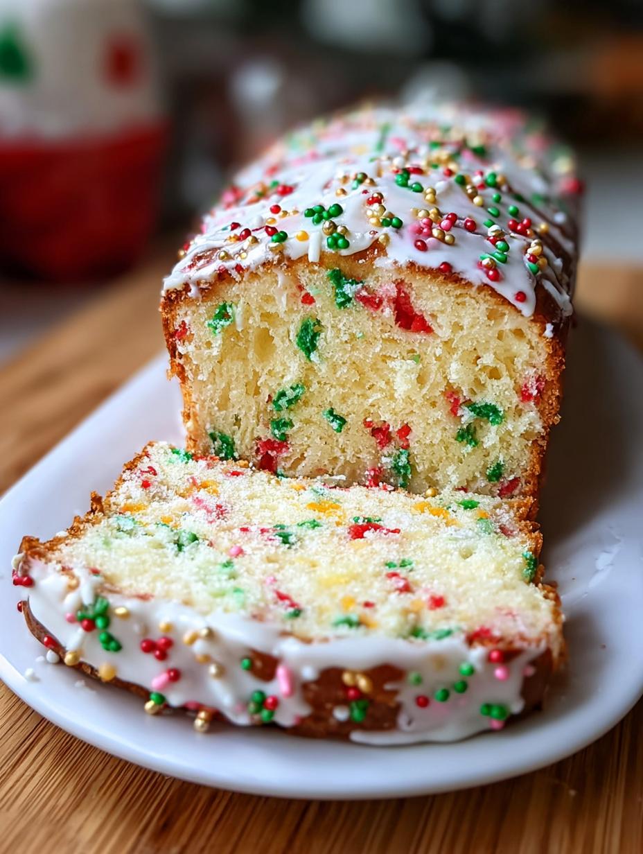A festive slice of Christmas Sprinkle Buttermilk Bread with a vanilla glaze and colorful sprinkles, perfect for holiday gatherings.