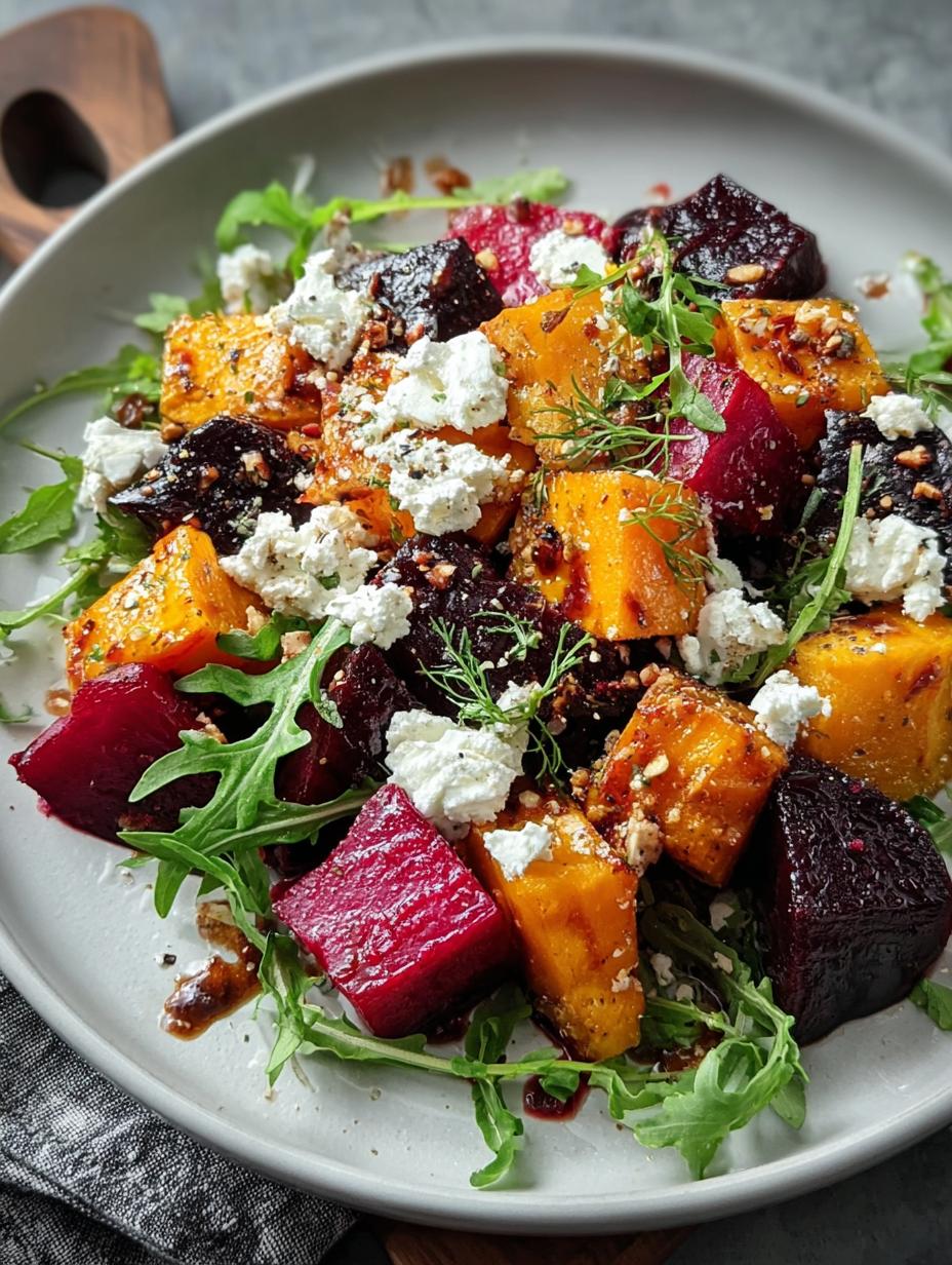 Vibrant Creamy Roasted Beet Salad with feta and walnuts, ready to serve