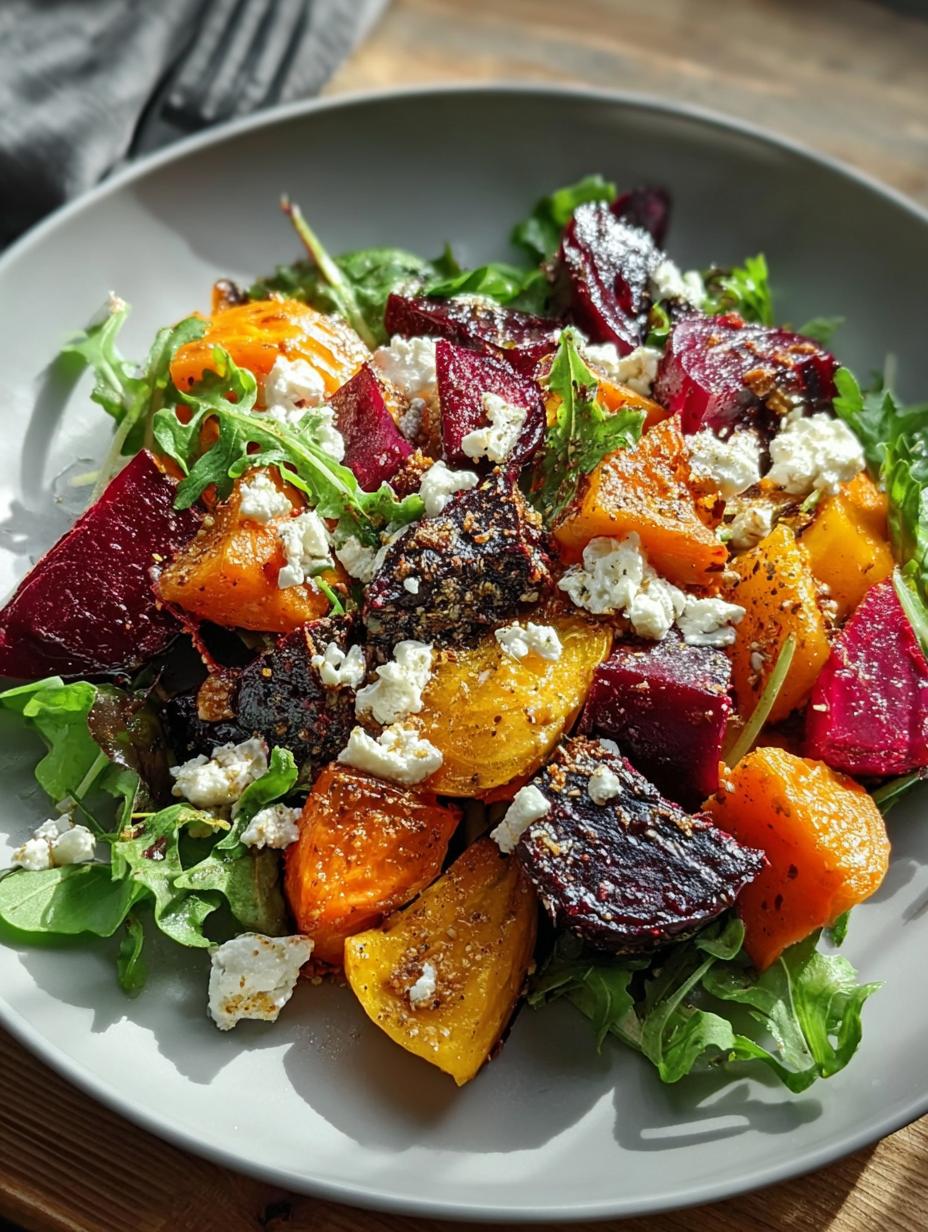 Close-up of Creamy Roasted Beet Salad with creamy dressing and fresh herbs