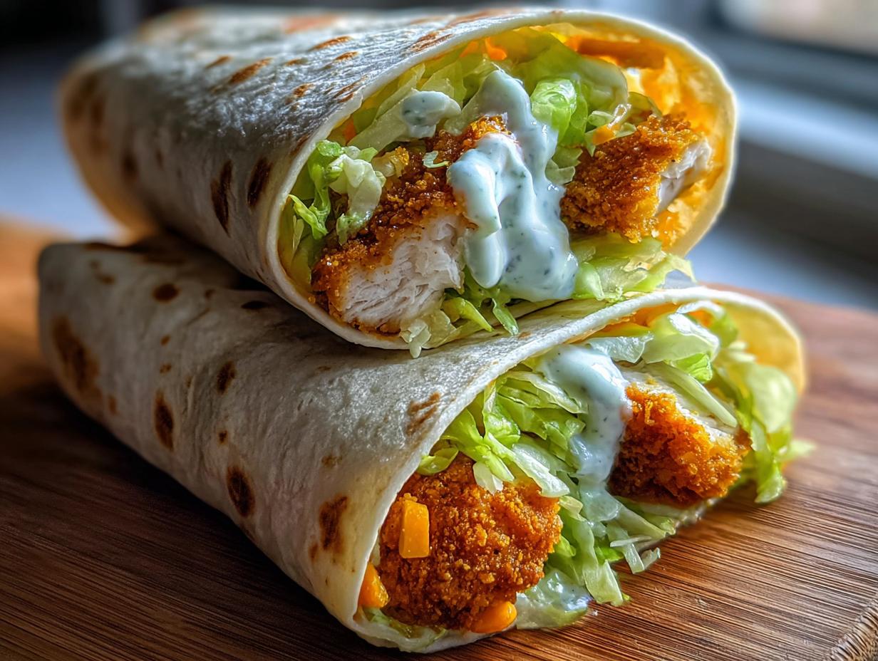 Crispy Chicken Ranch Snack: 1 Amazing Recipe 5 Close-up of a Crispy Chicken Ranch Snack wrap cut in half