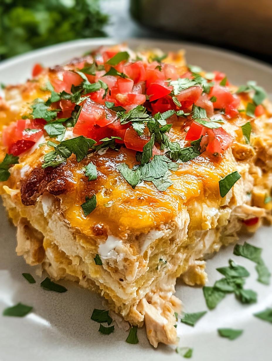 Close-up of a serving of King Ranch Chicken on a plate, garnished with fresh cilantro and a dollop of sour cream