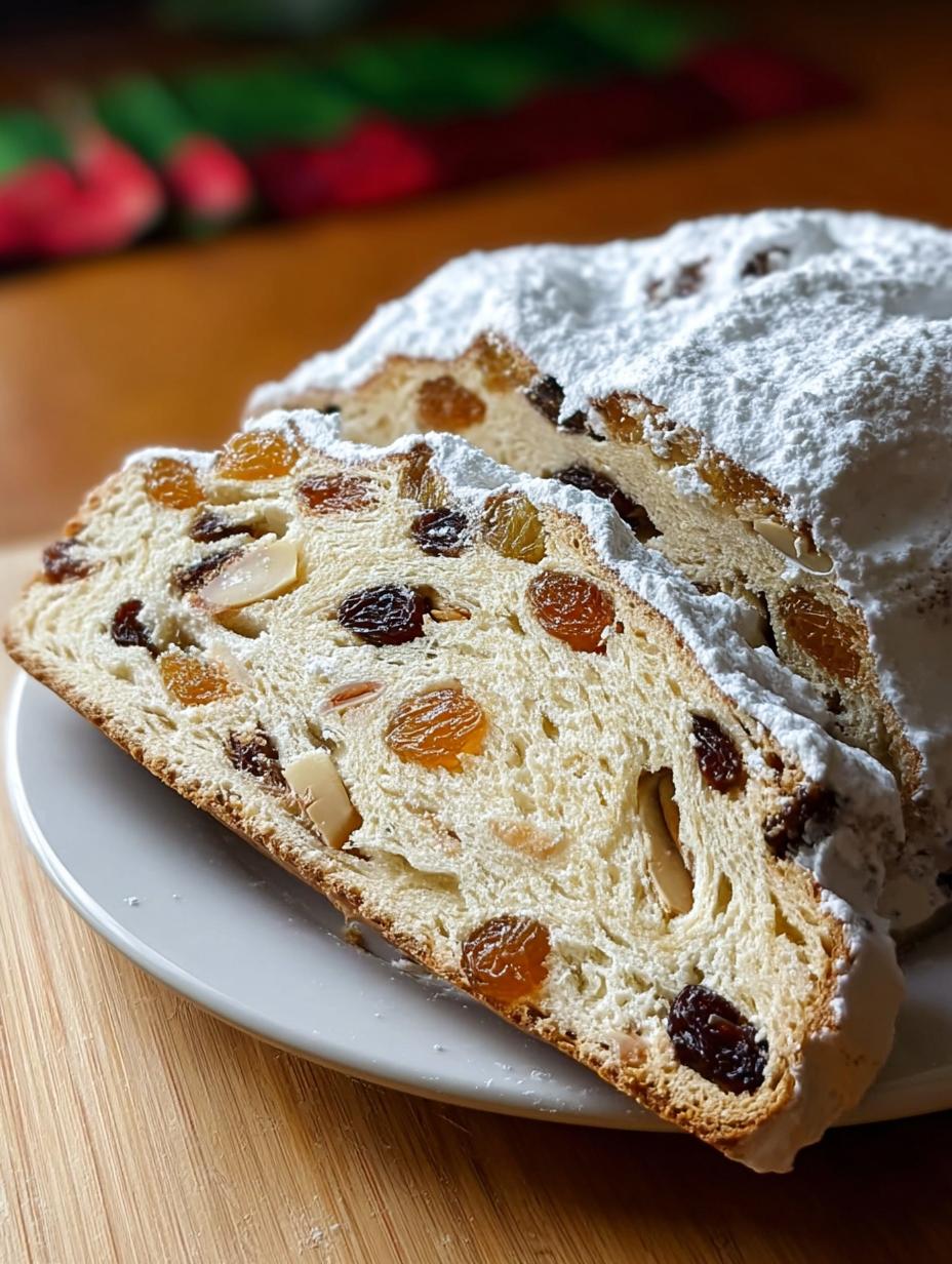 Deliciously moist German Christmas Stollen, dusted with powdered sugar and filled with candied fruits and nuts, ready to be served