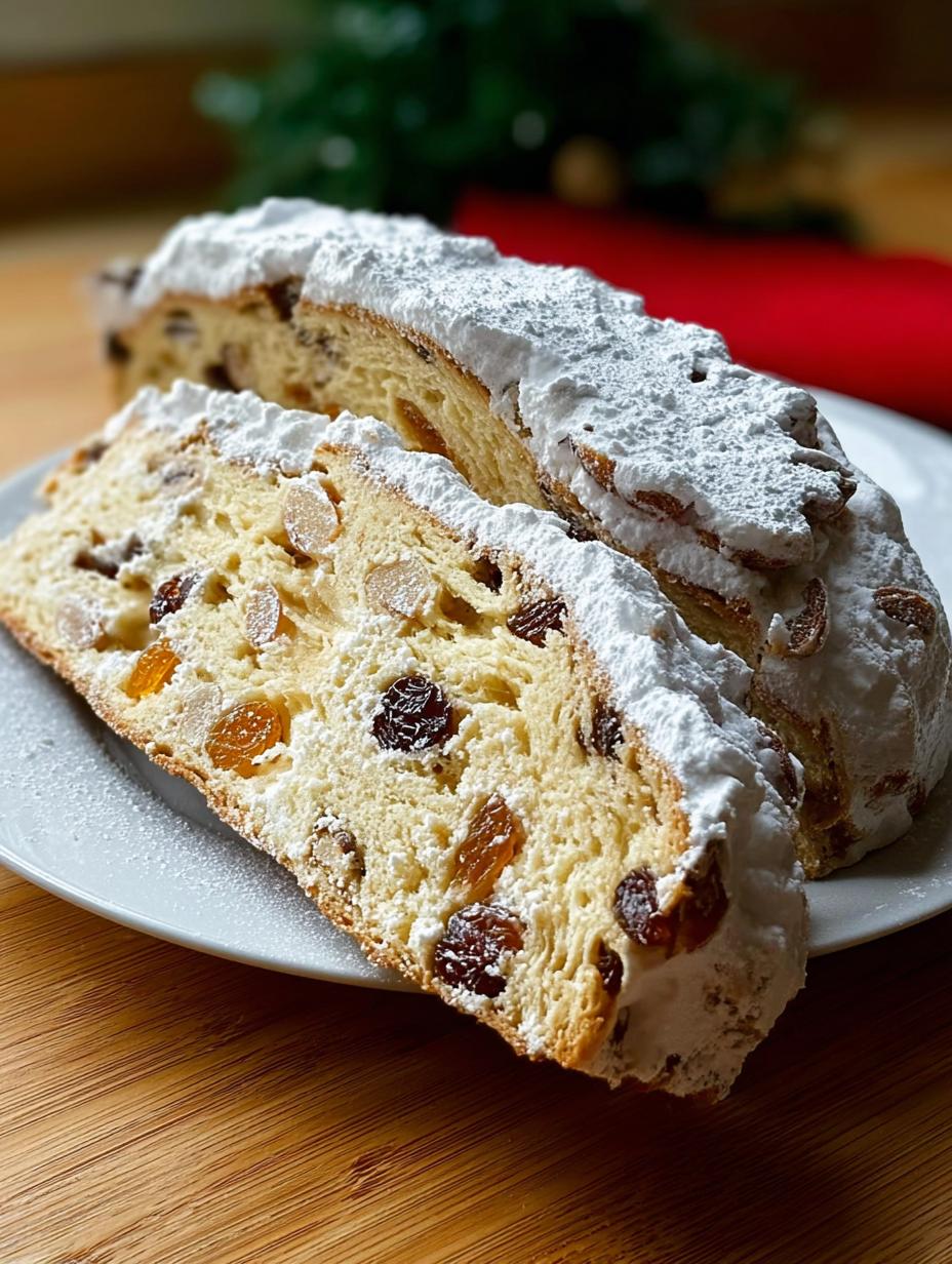 A slice of moist German Christmas Stollen revealing its rich interior of fruits, nuts, and marzipan, on a festive plate