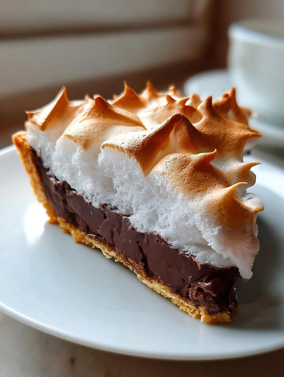 Delicious Old Fashioned Chocolate Meringue Pie with golden peaks on a white plate
