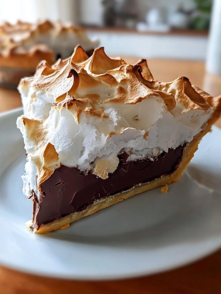 Slice of Old Fashioned Chocolate Meringue Pie showing creamy chocolate filling and fluffy meringue