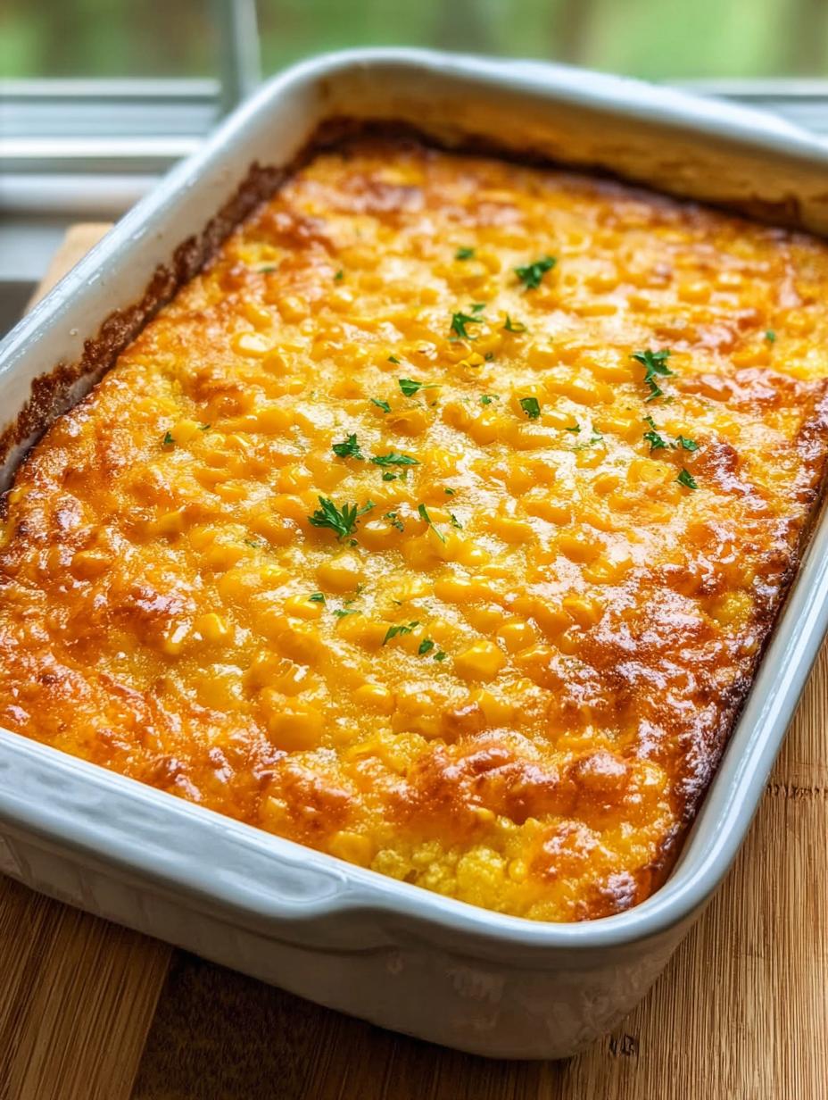 Close-up of a serving of Paula Deens Corn Casserole, showing creamy texture and golden crust