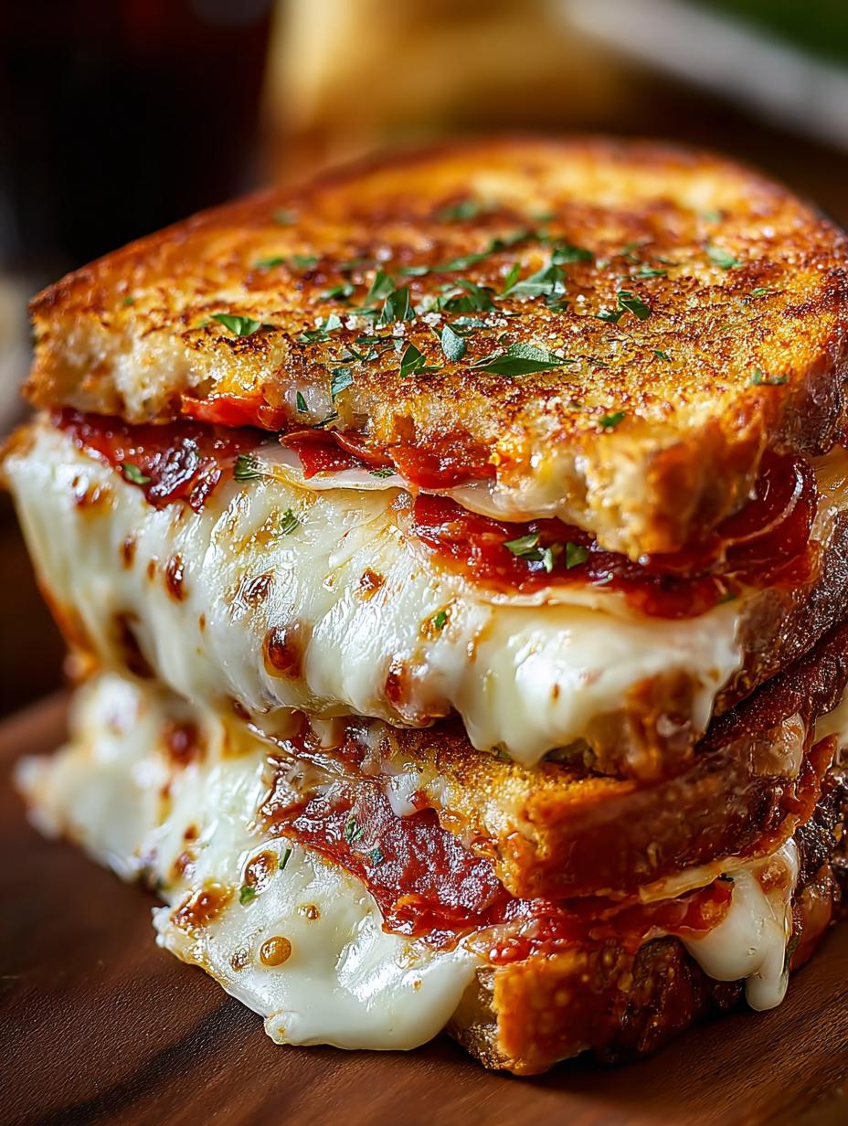 Close-up of Pizza Grilled Cheese Melty showcasing gooey cheese and toppings
