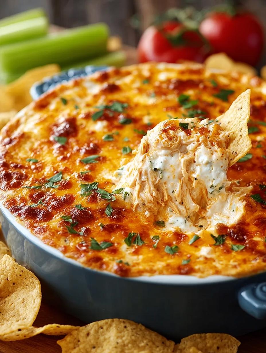 Irresistible Rotisserie Buffalo Chicken Dip served hot with tortilla chips