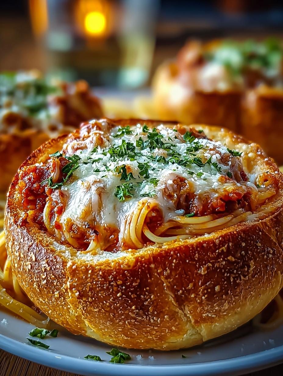 Irresistible Spaghetti Garlic Bread Bowls served in crispy bread bowls