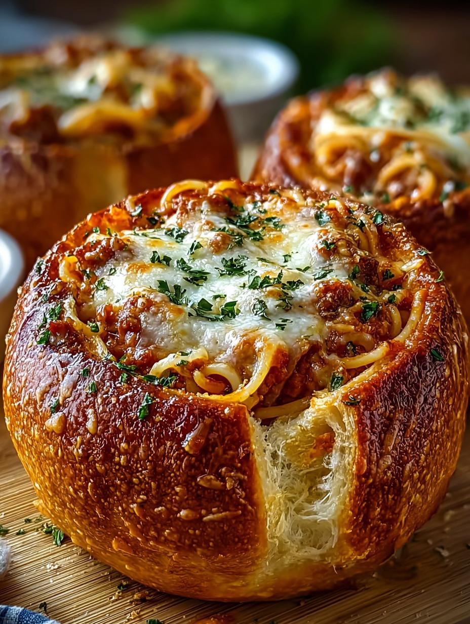 Delicious Spaghetti Garlic Bread Bowls with melted cheese