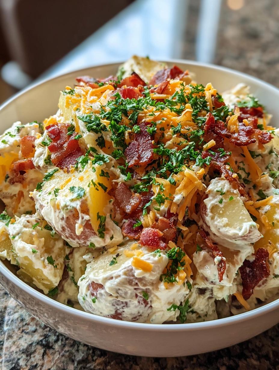 Delicious Steakhouse Potato Salad Loaded with creamy dressing, bacon, and cheddar cheese in a serving bowl