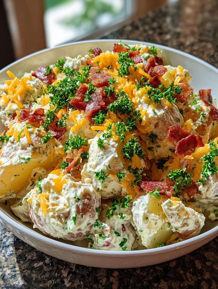 Close-up of creamy Steakhouse Potato Salad Loaded with visible bacon bits, cheddar, and fresh herbs