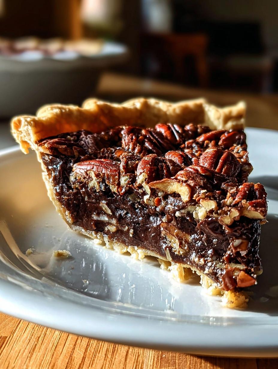 Deliciously rich Texas Chocolate Pecan Pie with a golden crust and gooey chocolate pecan filling, ready to be served