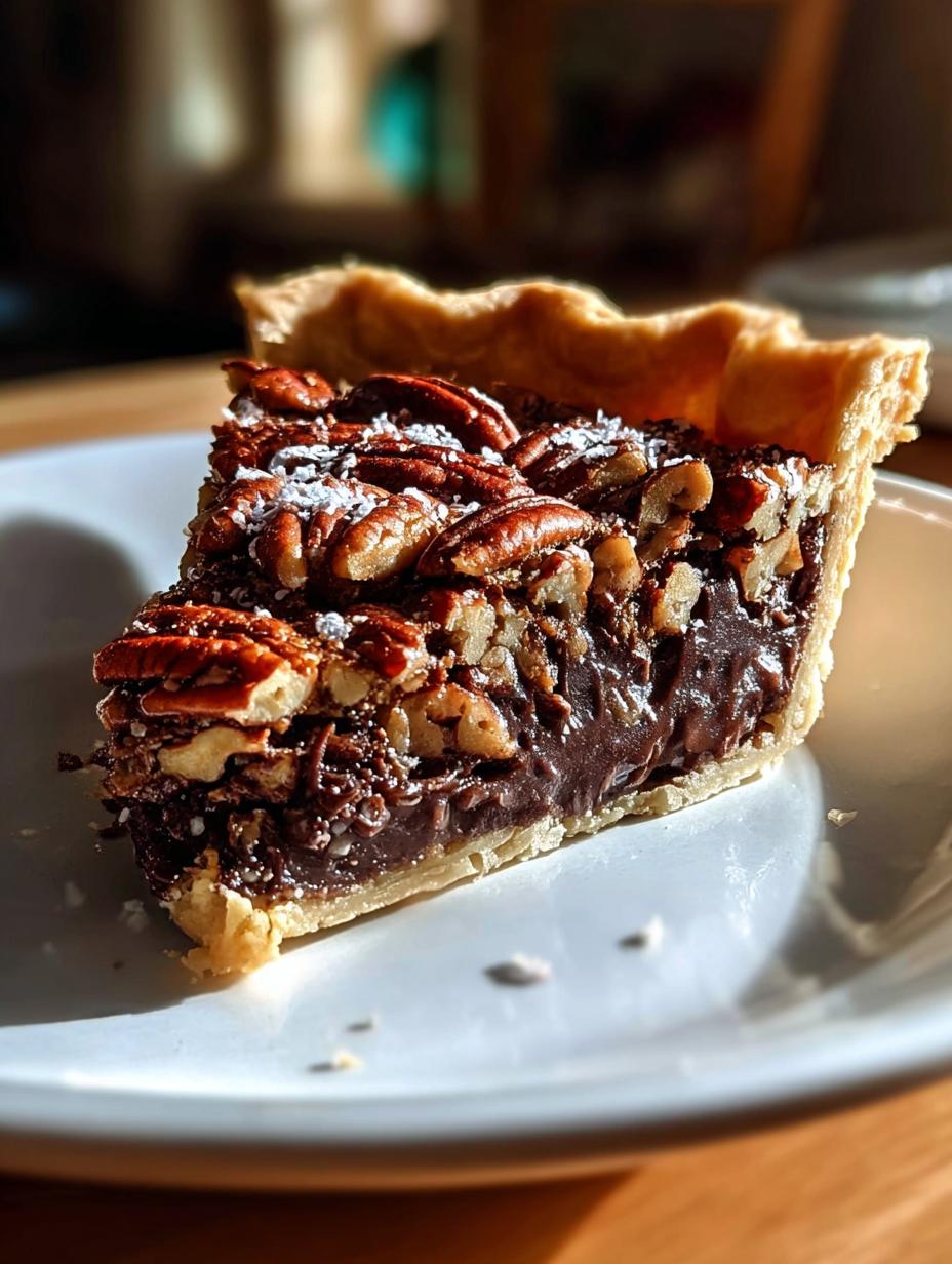 A slice of Texas Chocolate Pecan Pie on a white plate, showcasing the rich chocolate and pecan layers, with a fork ready to enjoy