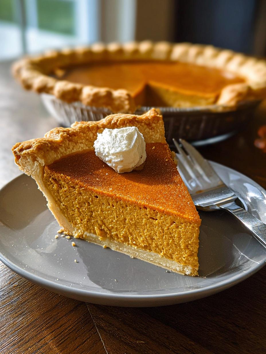 A slice of Thanksgiving Pumpkin Pie topped with whipped cream and a sprinkle of cinnamon, ready to eat