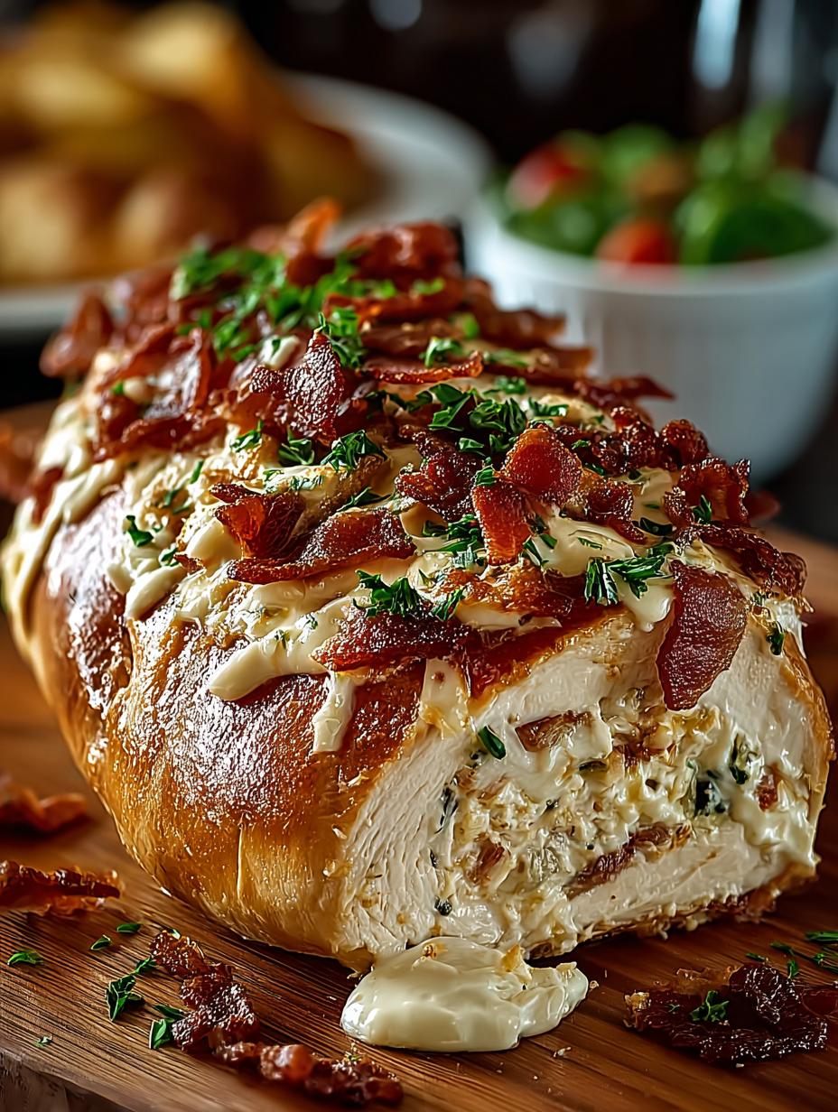 Irresistible Chicken Bacon Ranch Stuffed Bread fresh from the oven on a cooling rack