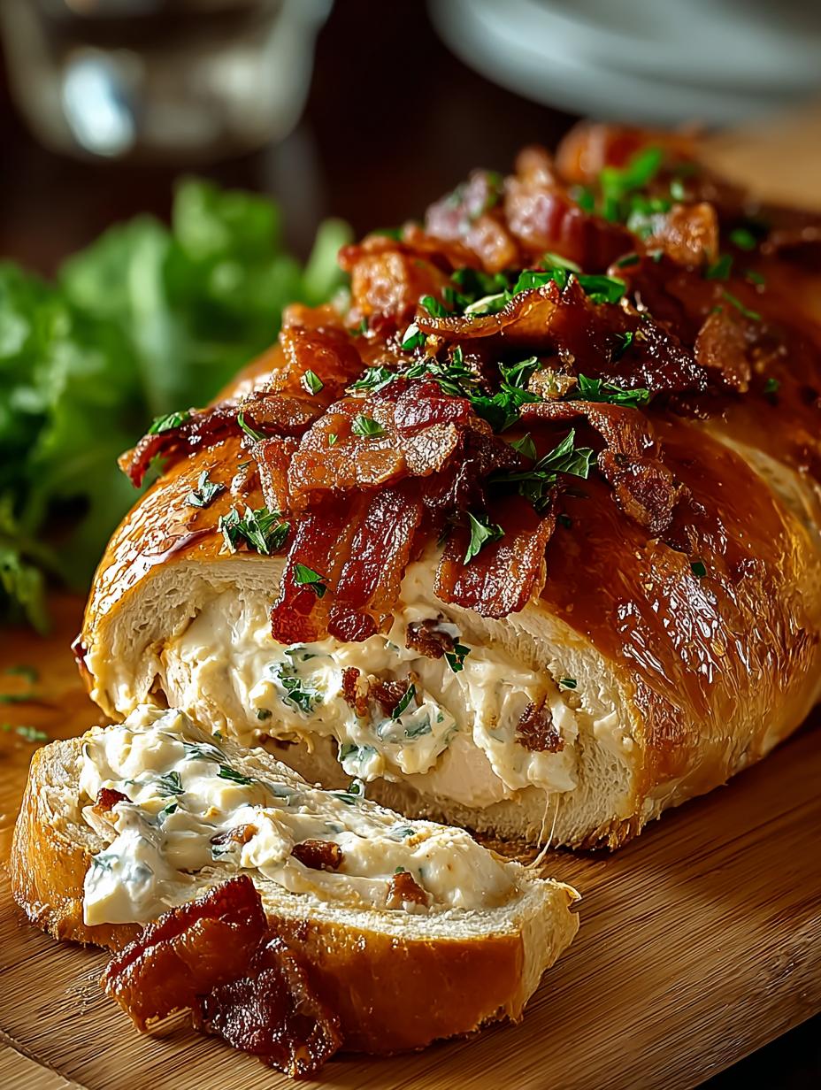 Delicious Chicken Bacon Ranch Stuffed Bread served on a plate with fresh ingredients