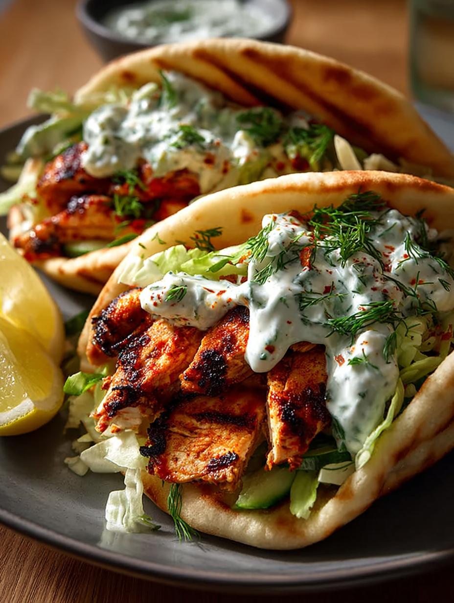 Delicious Sheet Pan Chicken Pitas served with fresh vegetables and sauce