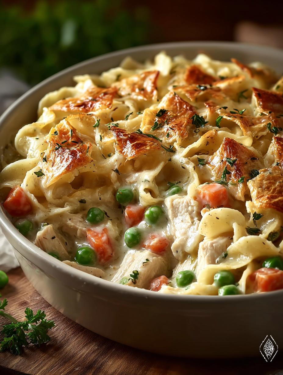 Delicious Chicken Pot Pie Noodle Skillet Recipe - Chicken Pot Pie Noodle - main visual representation